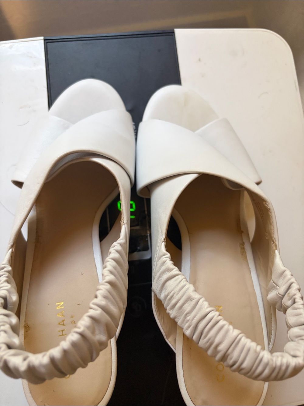 Cole Haan White Slingback Peep-Toe Flats with Ruched Elastic Heel